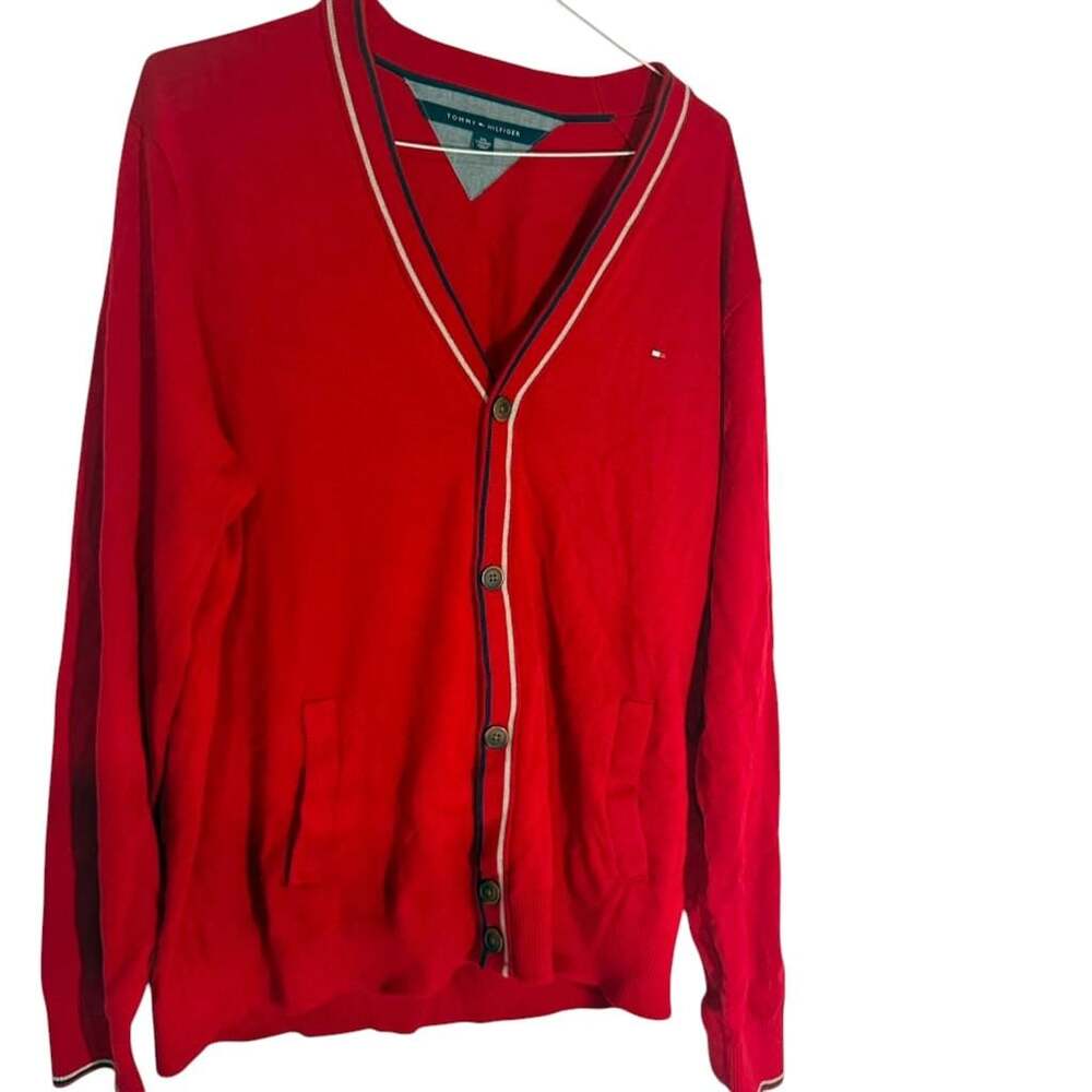 Tommy Hilfiger Red V-Neck Cardigan with White and Navy Trim sku77